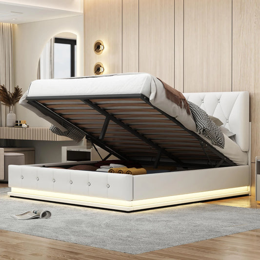 Lit double en cuir avec éclairage LED 140x200cm