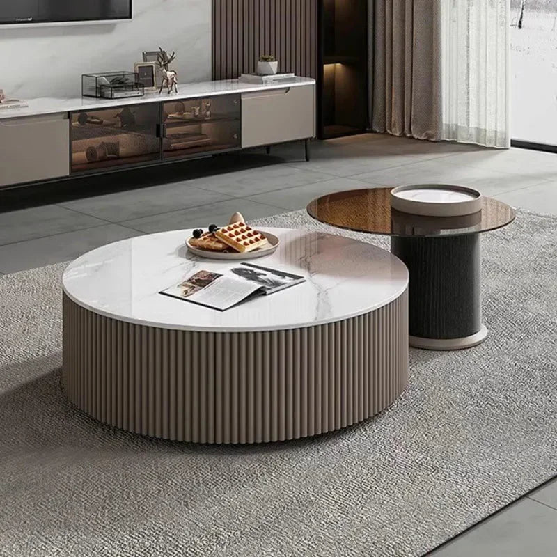 Table Basse Ronde en Marbre et Verre Blanc