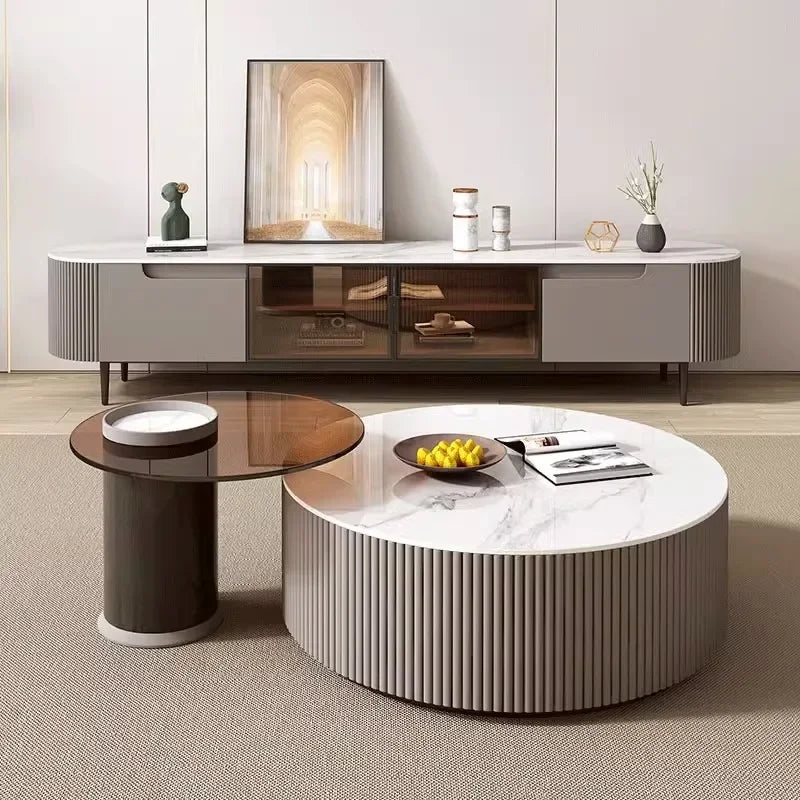 Table Basse Ronde en Marbre et Verre Blanc