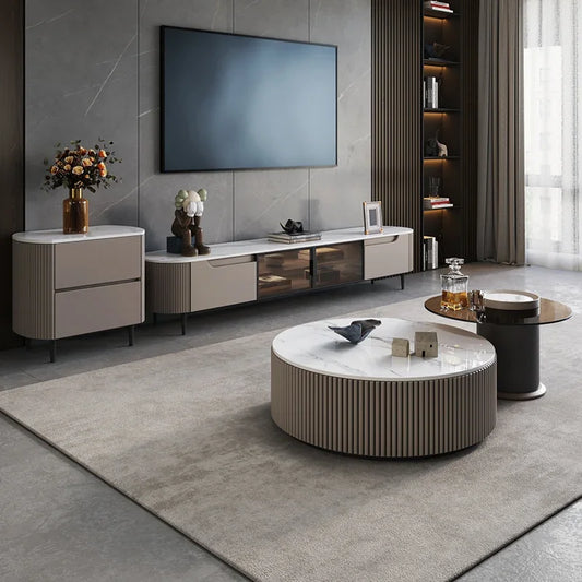 Table Basse Ronde en Marbre et Verre Blanc