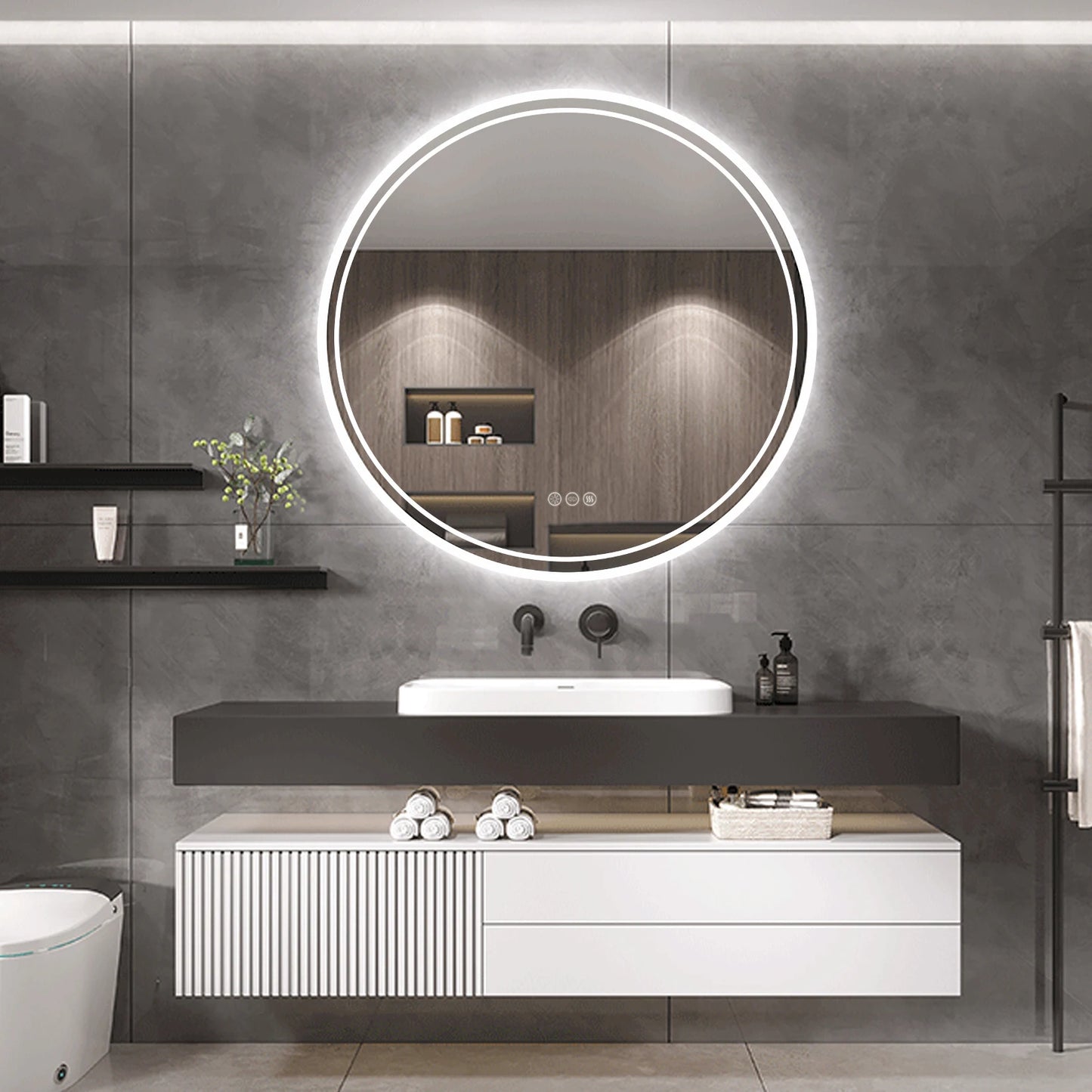 Grand miroir rond à éclairage LED intelligent
