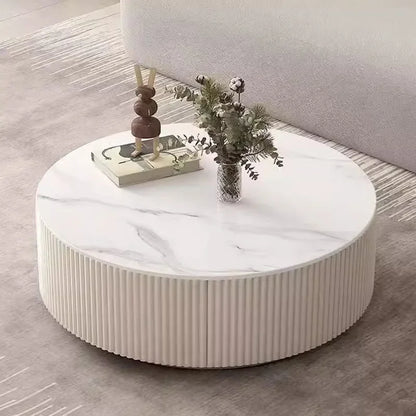 Table Basse Ronde en Marbre et Verre Blanc