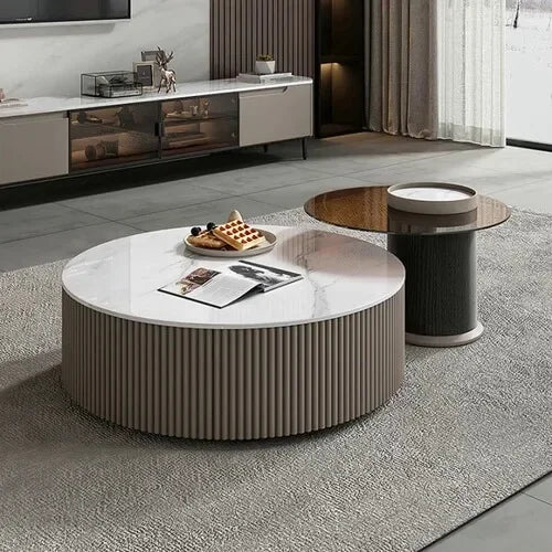 Table Basse Ronde en Marbre et Verre Blanc