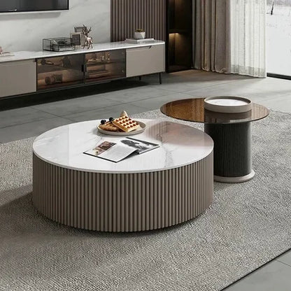 Table Basse Ronde en Marbre et Verre Blanc