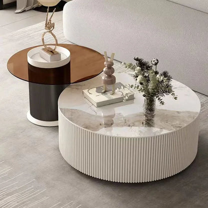 Table Basse Ronde en Marbre et Verre Blanc
